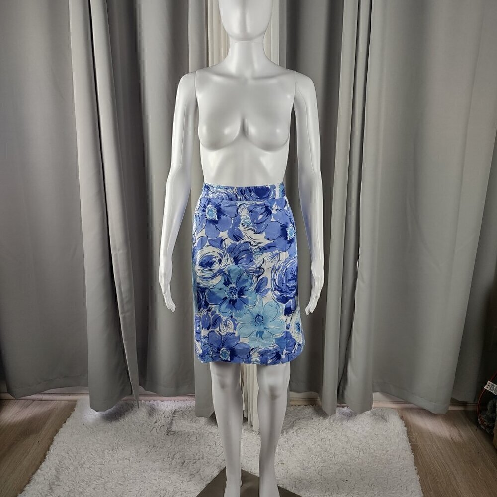Van Heusen Women's 100% Cotton Blue, White Floral Back Zip, Pencil Skirt Size 8 - Picture 1 of 10